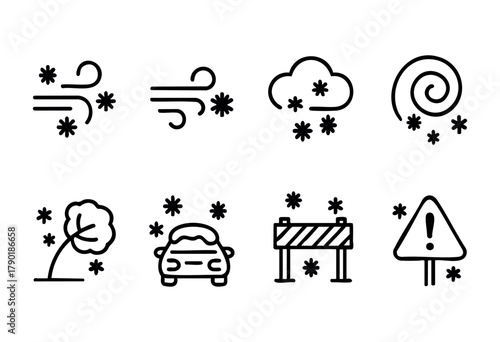 Various weather symbols illustrate windy and snowy conditions, including trees swaying, cars with snow, barriers, and warning signs signaling caution for winter weather.