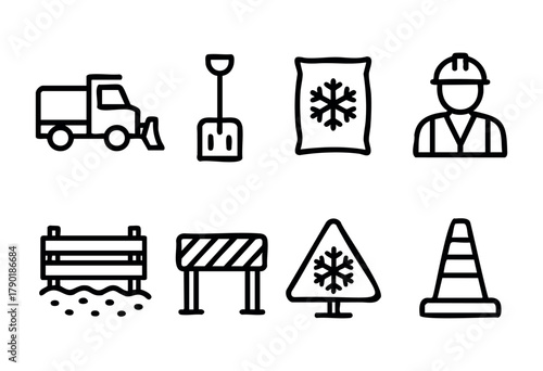 Winter road maintenance and safety icons featuring a snowplow truck, shovel, salt bag, worker, construction barriers, a warning sign with a snowflake, and a traffic cone, all depicted in a simple line