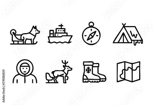 Arctic exploration and winter travel themed icon set, featuring elements like a husky on a sled, an icebreaker ship, a compass, a tent, a person in a parka, a reindeer pulling a sled, winter boots, an