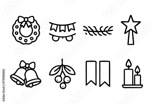 Christmas and holiday icons set: a wreath, bunting, fir branch, star, bells, mistletoe, ribbons, and lit candles presented in a minimalist line art style.