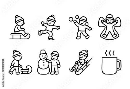 A collection of simple black line art icons illustrating various winter children activities, including sledding, ice skating, snowball fight, snow angel, building a snowman, and a steaming hot mug.