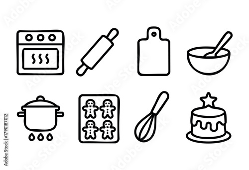 Various kitchen tools are displayed, including an oven, rolling pin, cutting board, mixing bowl, pot, cookie cutter, whisk, and cake, perfect for festive baking activities.