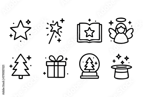 A collection of eight simple line art icons representing festive and magical themes, including a star, magic wand, open book with a star, angel, Christmas tree, gift box, snow globe, and a magic hat, 