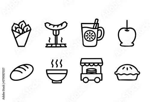 A collection of eight minimalist black outline icons depicting common festival and street food items, including french fries, a grilled sausage, mulled wine, a candy apple, a loaf of bread, a steaming