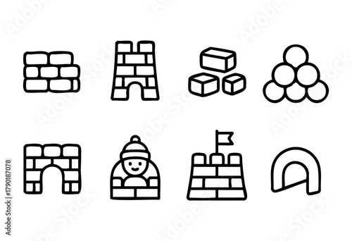 a collection of line icons depicting various building structures such as sandcastles, castle towers, walls, an igloo, and building blocks, in a simple outline style.