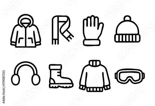 A set of black outline icons depicting various winter clothing and accessories, including a jacket, scarf, glove, hat, earmuffs, boot, sweater, and ski goggles, presented on a white background.