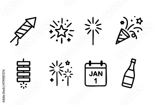 A collection of black outline icons representing New Year's Eve and celebration elements, including fireworks, sparklers, a party popper, a calendar showing January 1, and a champagne bottle on a whit