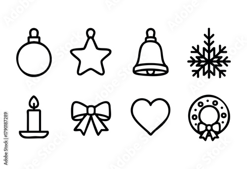 A collection of winter holiday symbols in black line art including ornaments, bells, snowflakes, and candles. These designs create a joyful atmosphere for seasonal celebrations.