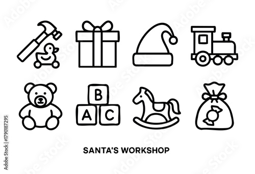 Collection of Santa's workshop toy icons, including a hammer with rubber duck, gift box, Santa hat, toy train, teddy bear, ABC blocks, rocking horse, and a bag of sweets, depicted in a simple black ou