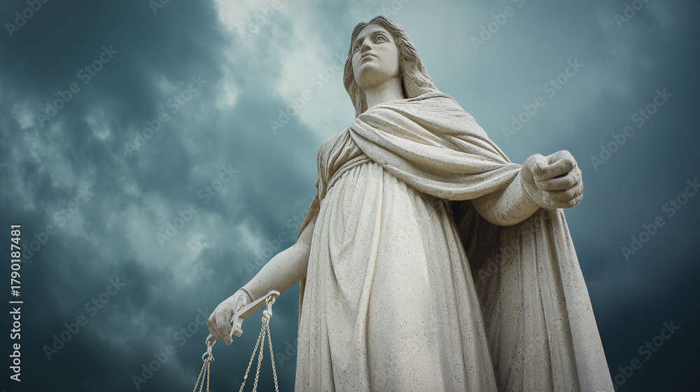 Fototapeta premium morality. A classical justice statue stands tall with balanced scales under a dramatic sky. event programs, museum guides, designed for cultural heritage projects and event programs. 