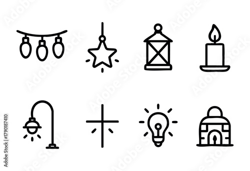A set of outline icons related to light and illumination, featuring string lights, a glowing star, a lantern, a lit candle, a street lamp, a radiant cross, a light bulb, and a stylized fireplace.