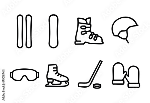 A set of eight black line art icons representing essential winter sports and ice hockey equipment, including skis, a snowboard, ski boot, helmet, goggles, ice skate, hockey stick with puck, and mitten