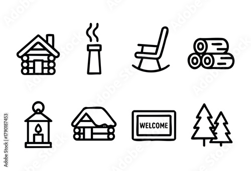 A collection of line art icons depicting cozy cabin life, including a log house, smoke, a rocking chair, firewood, a lantern, a snow-covered cabin, a welcome mat, and pine trees.