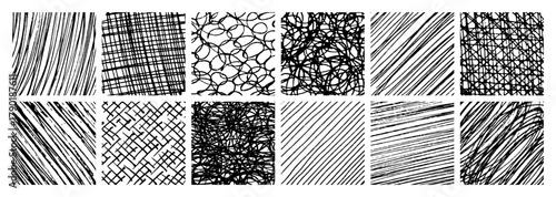 Set of monochrome hand-drawn crosshatch textures