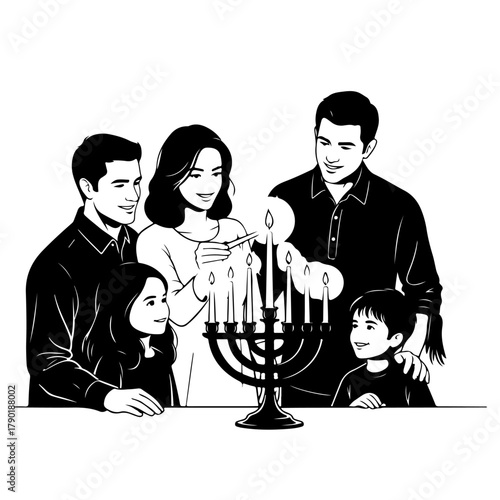 Joyful family lights Hanukkah menorah together creating cherished holiday memories with warmth and tradition