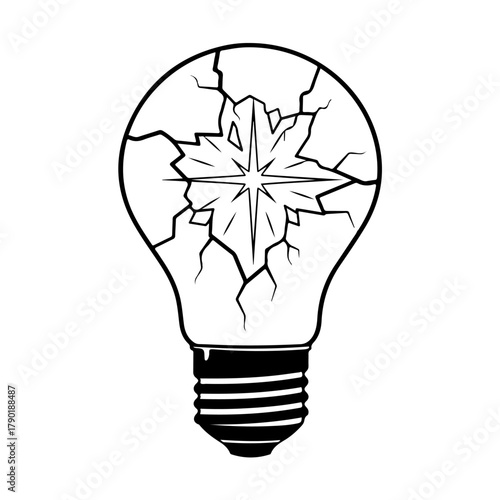 Broken light bulb symbolizes failed idea or lack of inspiration in stark graphic style