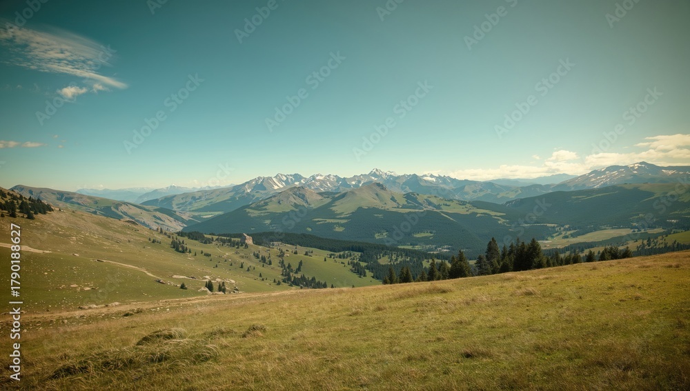 Fototapeta premium Wide meadow and mountain scenery with a retro vibe