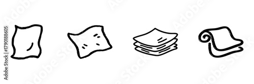 Handkerchief And Napkin Line Icon Set In Doodle Style. Textile, Hygiene, And Household Essentials Outline Sketch Collection. Cleaning And Personal Care Items. Hand Drawn Isolated Vector Illustration