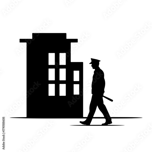 Security guard patrols building exterior, vigilance and protection concept