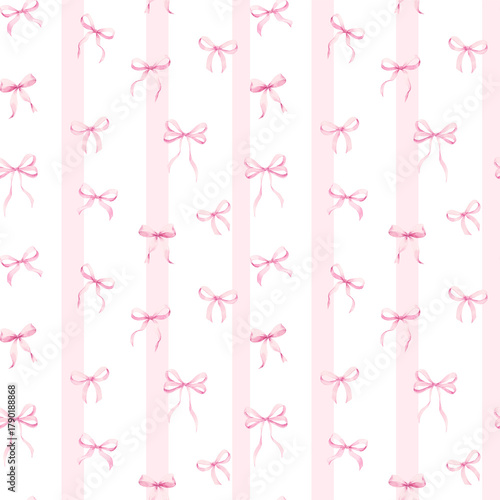 Watercolor seamless pattern with pink bows and stripes on white background. Cute girly design perfect for packaging, fabric, wallpaper, baby decor and gift wrapping.