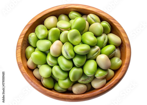 A wooden bowl filled with fresh green fava beans isolated on transparent background