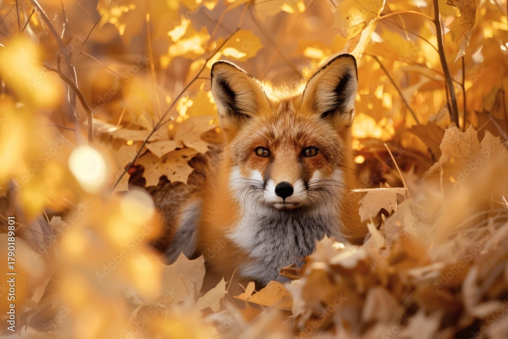 Fototapeta premium Curious Red Fox Peeking Through Autumn Leaves