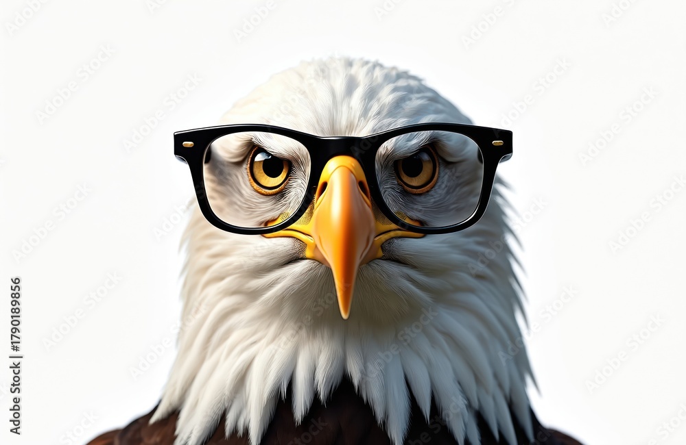 Fototapeta premium Bald eagle wears glasses on white background. Bird of prey with serious look. Funny portrait of majestic animal with eyeglasses. Concept of knowledge intelligence and wisdom.