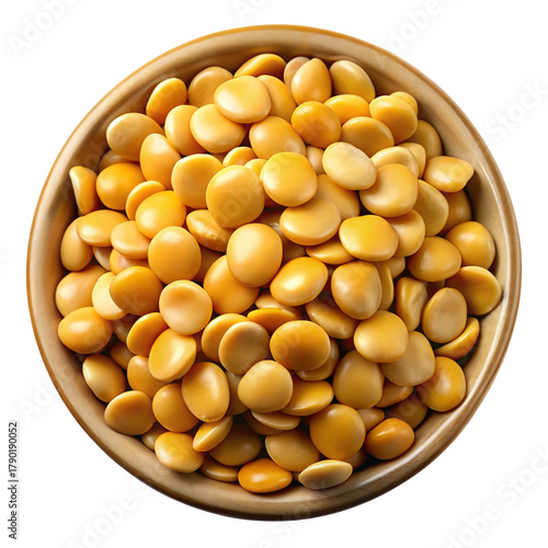 A top view of a wooden bowl filled with dried yellow lentils isolated on transparent background