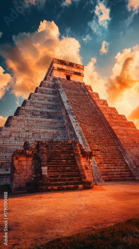 A mesmerizing capture of the El Castillo pyramid under a vibrant, colorful sky at sunset