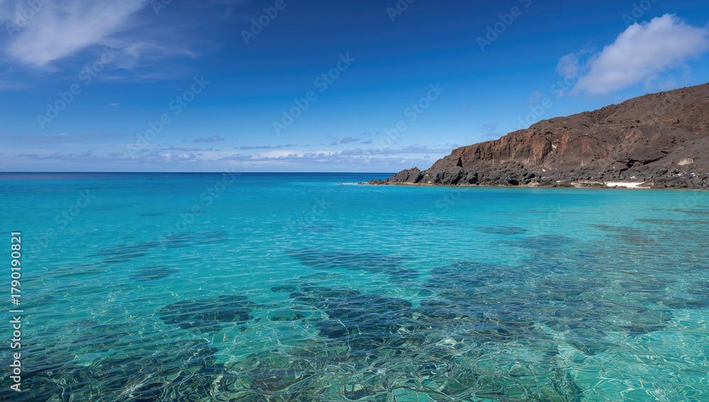 Fototapeta premium Serene lagoon, expansive vista of tranquil blue waters and rugged volcanic formations, seasonal change