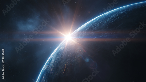 Fototapeta Naklejka Na Ścianę i Meble -  Earth with sun rising over the horizon in space with dark background