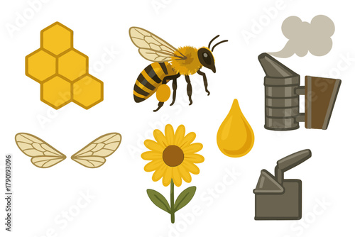 Beekeeping elements collection with honey bee, honeycomb, sunflower, and smoker