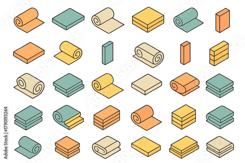 Isometric icons of rolled and folded textile materials in soft pastel colors