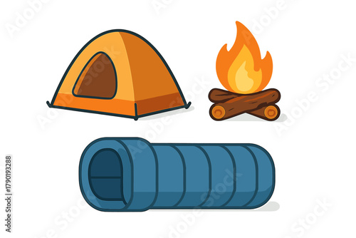 Set of essential camping gear icons featuring tent, campfire, and sleeping bag