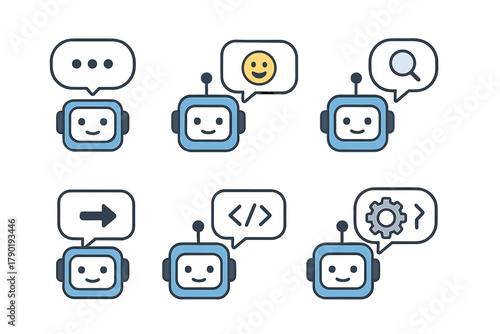 Friendly robot icons depicting chatbot functions and digital communication