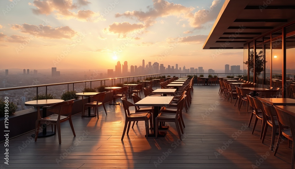 Obraz premium Empty cafe terrace with city skyline view at sunset. Tables and chairs on rooftop patio with warm golden light. Urban landscape panorama offers relaxing atmosphere.