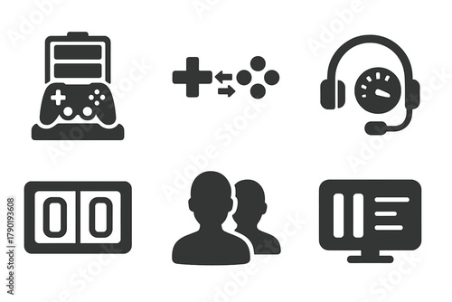 Collection of dark glyph icons for digital gaming and esports interfaces