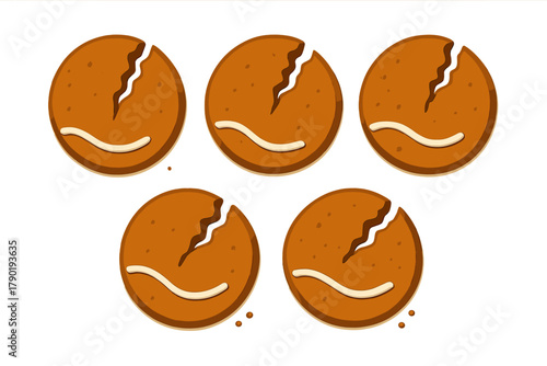 Five round gingerbread cookies decorated with white icing smile and crack