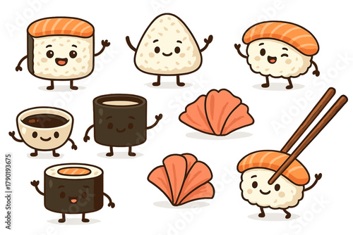 Adorable kawaii Japanese food characters set with happy faces