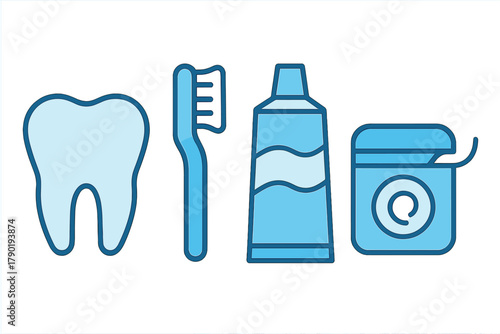 Set of essential dental hygiene icons for oral care and tooth cleaning routine