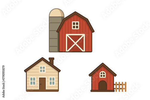 Collection of stylized farm buildings including barn, house, and small shed