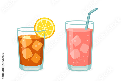 Two tall glasses of iced beverages with lemon slice and straw