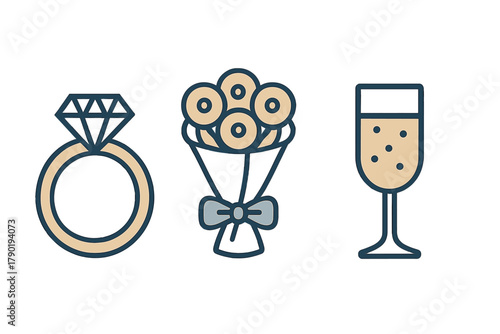 Engagement celebration icons set featuring ring bouquet and champagne glass
