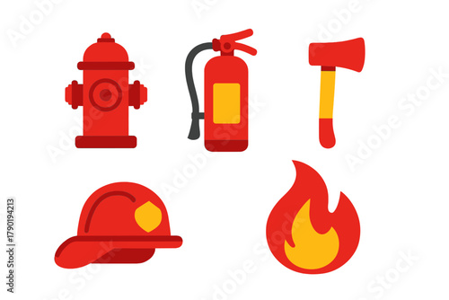 Set of essential firefighting tools including hydrant axe extinguisher and safety helmet