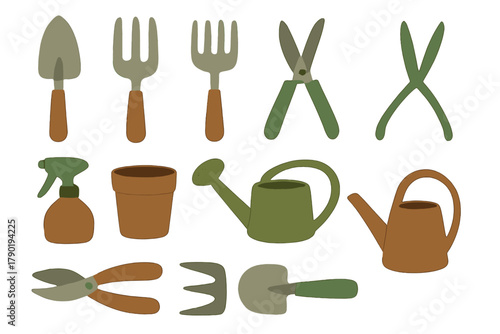 Set of essential gardening tools and supplies icons for horticulture