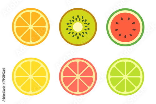 Six vibrant slices of fresh fruit including citrus and kiwi cross-sections