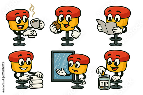 Mascot characters performing various daily activities while sitting on a bar stool