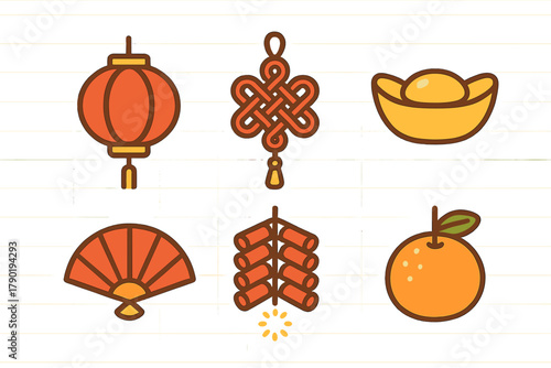 Traditional symbols for Lunar New Year celebration with lantern fan and firecracker