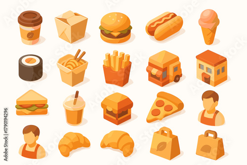 Fast Food and Cafe Icons – Isometric Vector Illustration