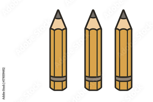 Three sharpened yellow wooden pencils standing side by side